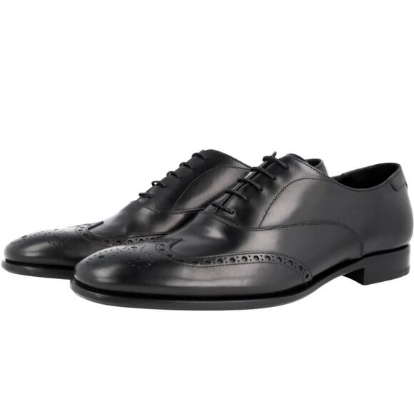 Prada Wingtip Derby Full Brogue Leather Shoes Black 2eb122 Men's 8 Authentic - Picture 1 of 16